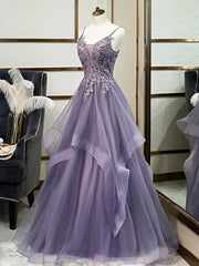 Purple Spaghetti Straps Lace Prom Dress, Lovely Tulle Corset Floor Length Evening Dress