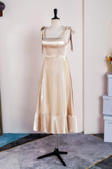 Champagne Bow Tie Straps A-line Satin Tea-Length Bridesmaid Dress