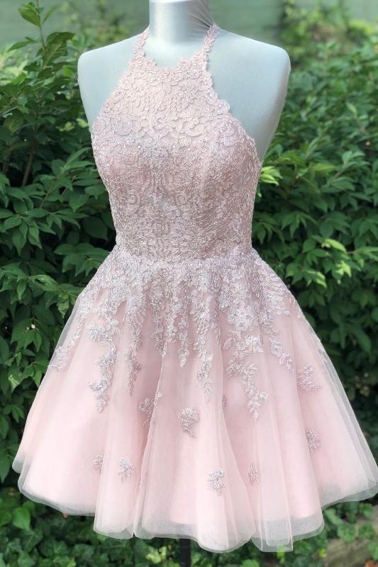 Halter Lace-Up back Short Pink Lace Homecoming Dress