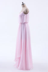 Pink Flounce Chiffon Straps A-line Long Bridesmaid Dress