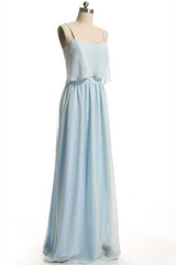 Dusty Blue Chiffon Spaghetti Straps Ruffled Long Bridesmaid Dress