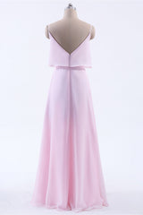 Pink Flounce Chiffon Straps A-line Long Bridesmaid Dress