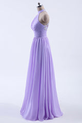 High Neck Lavender Chiffon Empire A-line Long Bridesmaid Dress