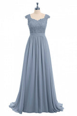 Dusty Blue Lace Cap Sleeve A-Line Floor-Length Bridesmaid Dress