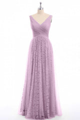 Dusty Purple Chiffon Jacquard V-Neck A-Line Long Bridesmaid Dress