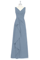 Dusty Blue V-Neck Banded Waist Ruffled Long Bridesmaid Dress