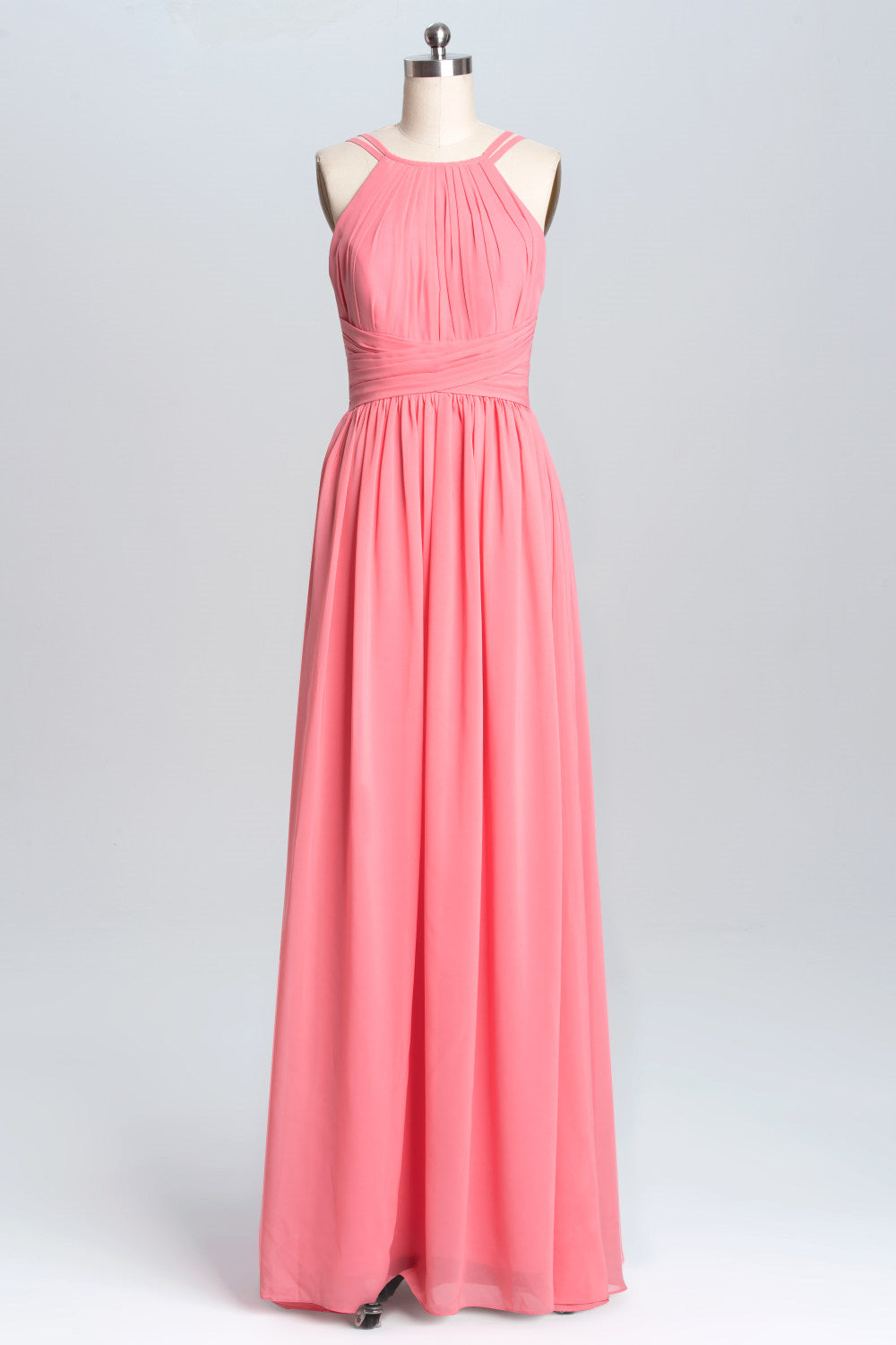 Coral Double Straps Pleated A-line Bridesmaid Dress