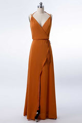 Burnt Orange Spaghetti Straps Long Bridesmaid Dress with Slit