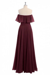 Burgundy Chiffon Strapless Ruffled A-Line Long Bridesmaid Dress