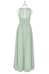 Sage Green Chiffon Sheer Neck A-Line Long Bridesmaid Dress