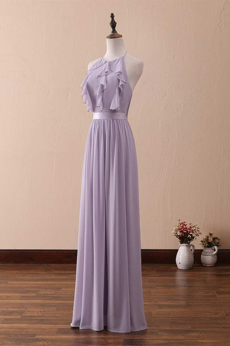 Lilac Halter Open Back Ruffled Long Bridesmaid Dress