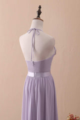 Lilac Halter Open Back Ruffled Long Bridesmaid Dress