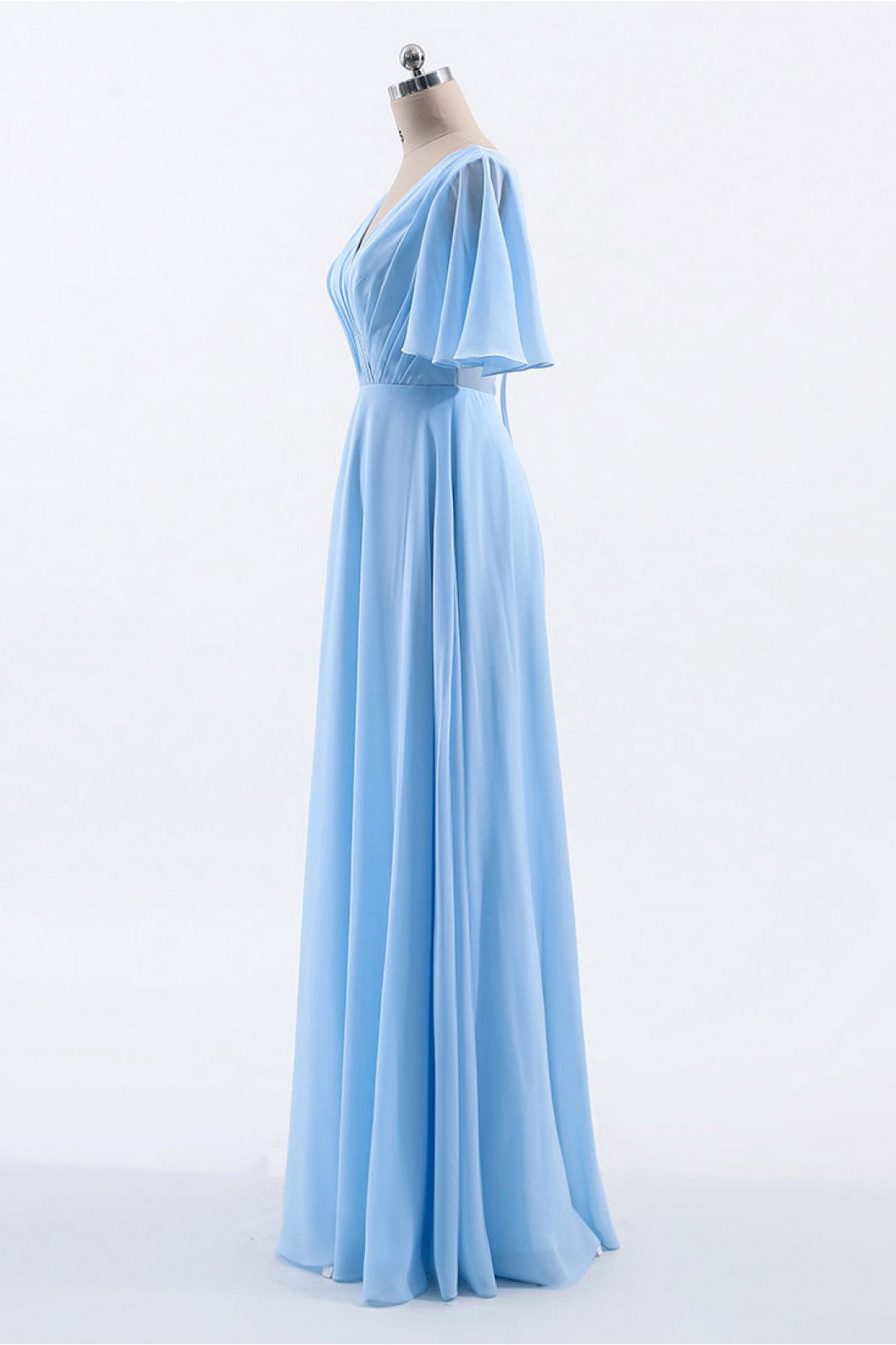 Flutter Sleeves Blue Chiffon A-line Long Bridesmaid Dress