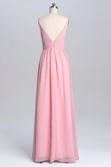 Pink Straps A-line Pleated Long Bridesmaid Dress