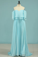 Off the Shoulder Blue Flounce Chiffon Long Bridesmaid Dress