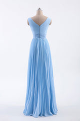 Blue Pleated A-line Chiffon Long Bridesmaid Dress