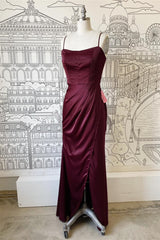 Sheath Spaghetti Straps Satin Long Bridesmaid Dress with Slit