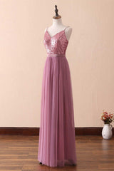 Dusty Purple Sequin Spaghetti Straps A-Line Long Bridesmaid Dress