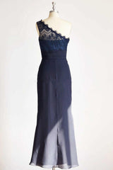 One-Shoulder Navy Blue Lace Long Bridesmaid Dress