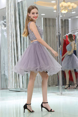 2 Piece Gray Tulle Short Suit Skirt With Lace Homecoming Dresses