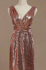 Rose Gold Sequin V-Neck Backless Short Bridesmaid Dress