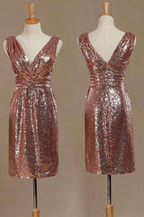 Rose Gold Sequin V-Neck Backless Short Bridesmaid Dress