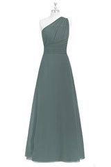 Dark Sage Green Chiffon One-Shoulder Long Bridesmaid Dress