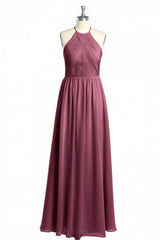 Mauve Chiffon Halter Backless A-Line Long Bridesmaid Dress