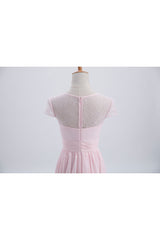 Princess Pink Chiffon and Lace Short Sleeves Bridesmaid Dress