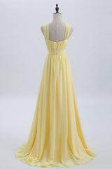 Cross Front Yellow Pleated Chiffon Long Bridesmaid Dress