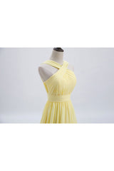 Cross Front Yellow Pleated Chiffon Long Bridesmaid Dress