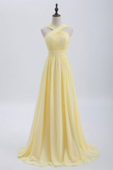 Cross Front Yellow Pleated Chiffon Long Bridesmaid Dress