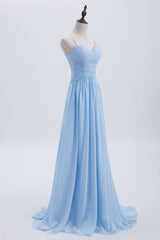 Blue Pleated Straps Chiffon Long Bridesmaid Dress