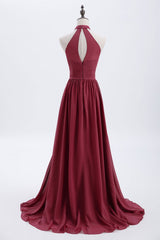 High Neck Burgundy Chiffon A-line Long Bridesmaid Dress