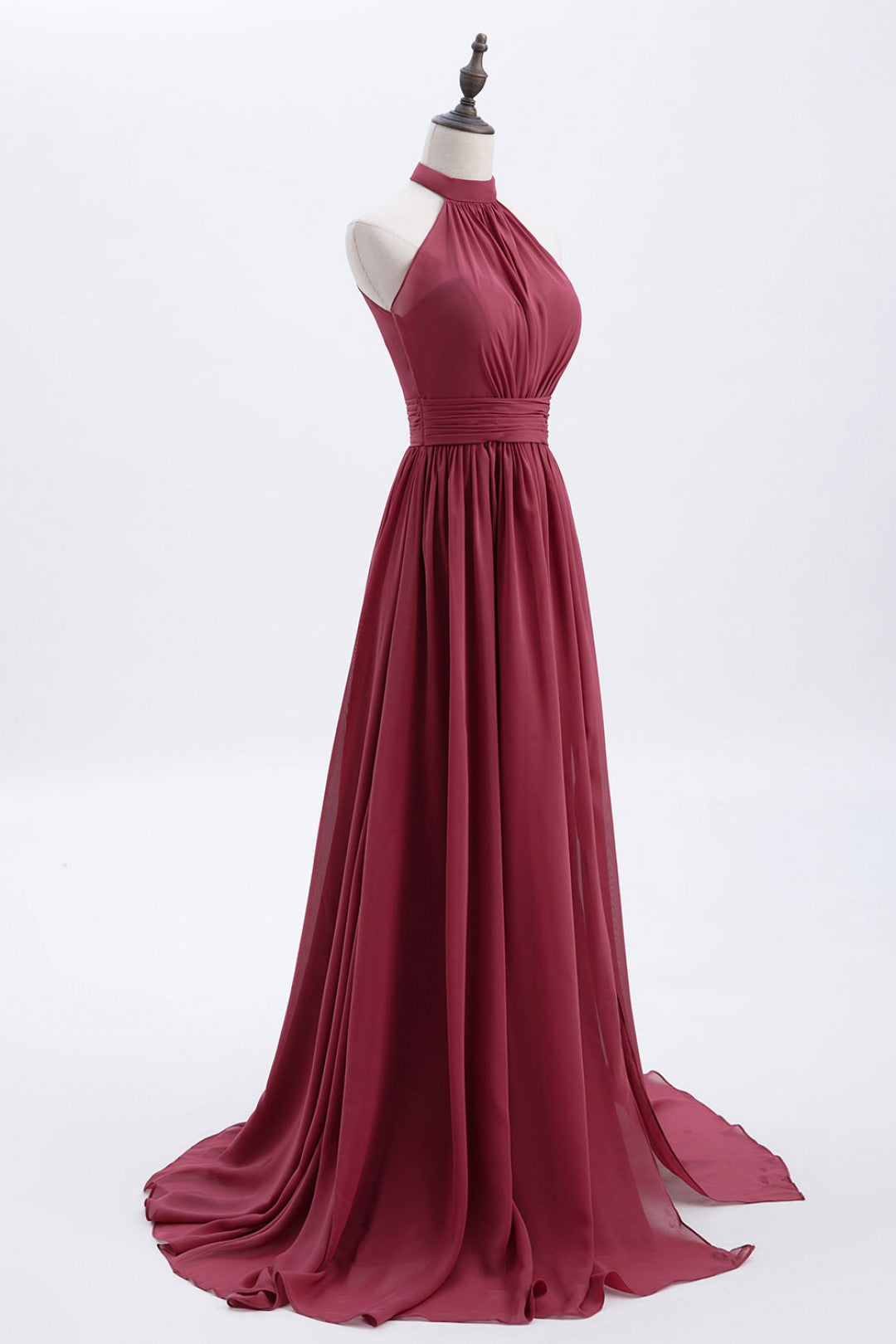 High Neck Burgundy Chiffon A-line Long Bridesmaid Dress