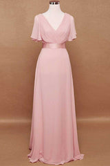 Pink V-Neck Ruffled A-Line Long Bridesmaid Dress