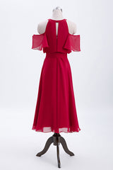 Red Chiffon Cold Sleeves Short Ruffles Bridesmaid Dress