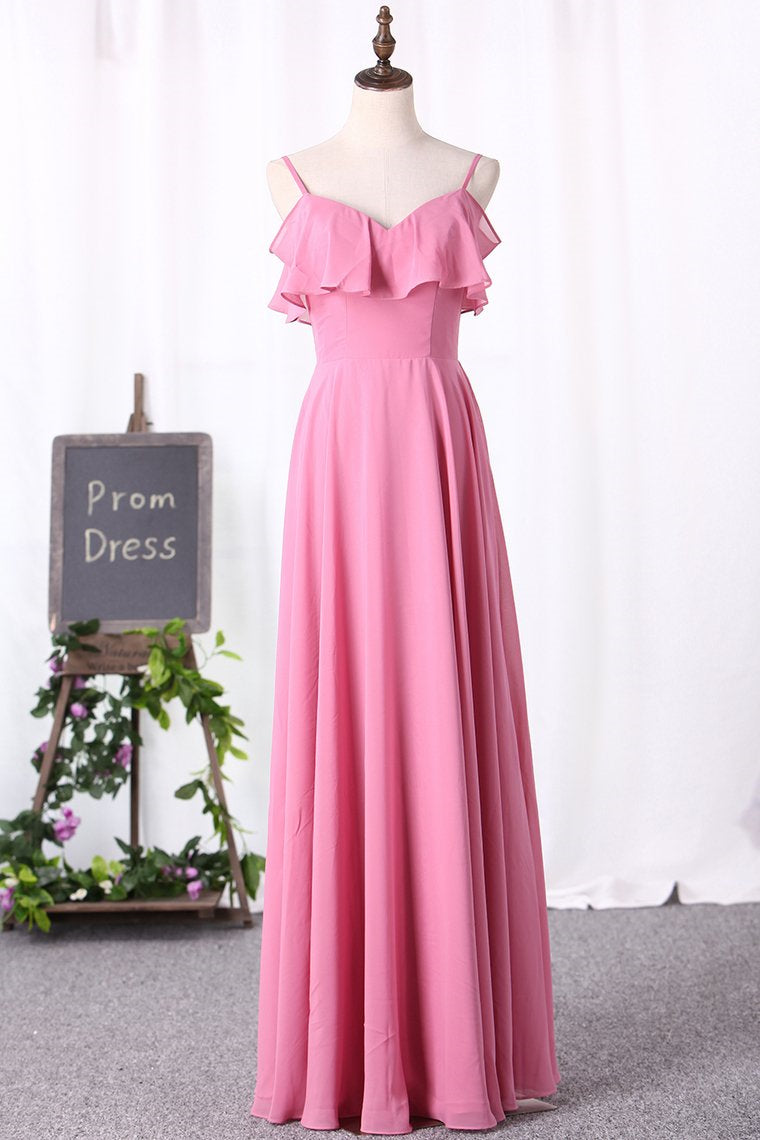 Pink Chiffon Straps Ruffled A-Line Long Bridesmaid Dress