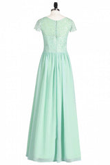 Sage Green Lace and Chiffon Cap Sleeve A-Line Long Bridesmaid Dress