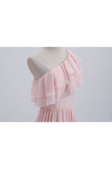 Ruffles Pink One Shoulder Chiffon A-line Long Bridesmaid Dress