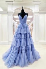 Elegant Light Blue Side Slit Tulle Long Prom Dress