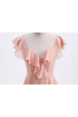 Peach Ruffles A-lline Chiffon Long Bridesmaid Dress with Tie Back