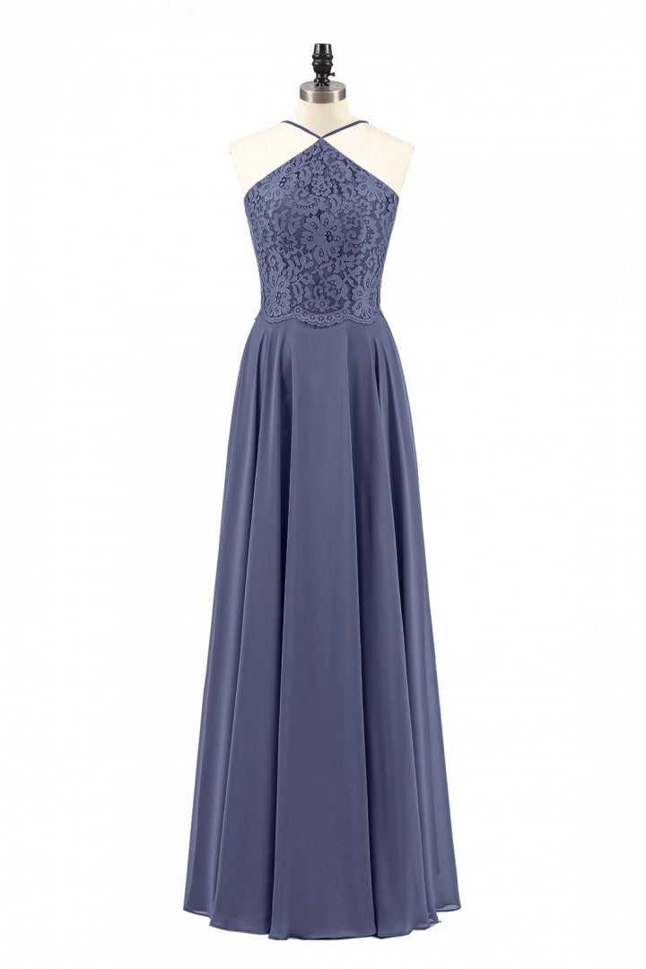 Navy Blue Chiffon Halter Backless A-Line Long Bridesmaid Dress