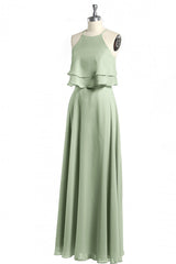 Sage Green Chiffon Halter Ruffle A-Line Long Bridesmaid Dress