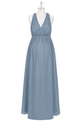 Dusty Blue Halter Backless Maternity Bridesmaid Dress