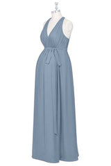 Dusty Blue Halter Backless Maternity Bridesmaid Dress