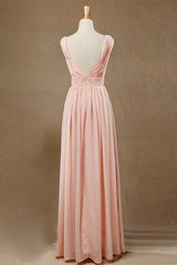 Elegant Plush Pink V-Neck Open Back A-Line Long Bridesmaid Dress