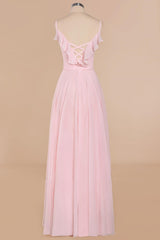 Pink Ruffle Lace-Up A-Line Long Bridesmaid Dress