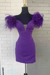 Fitted Feather Shoulder Blue Tight Homecoming Dress