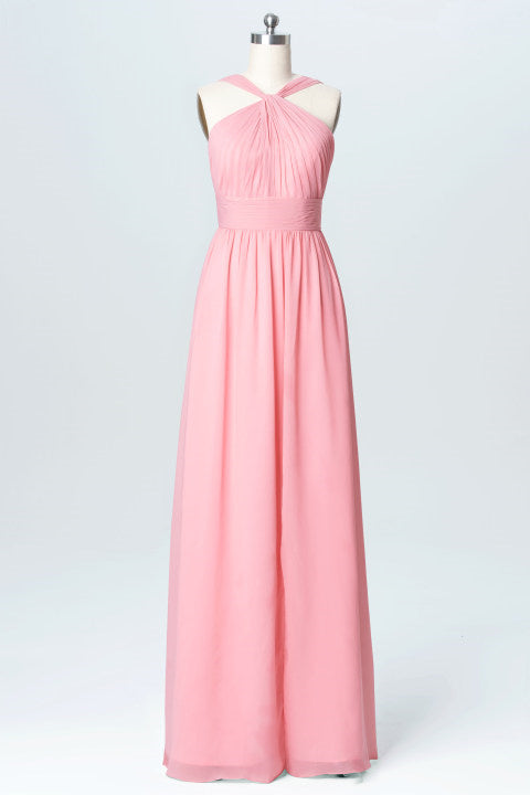 Pink Chiffon Halter Backless A-Line Long Bridesmaid Dress